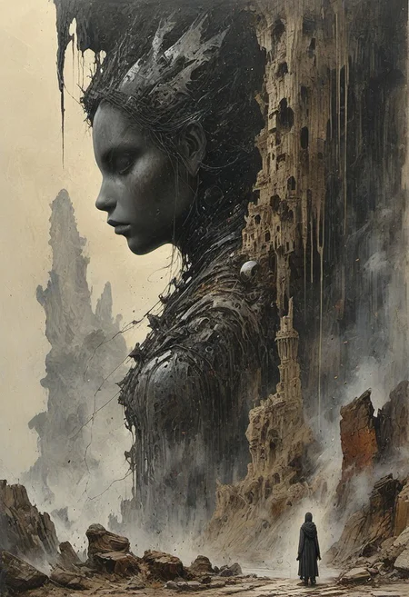 The composition includes  existence , Dark Souls, full-body, veiled in mist.precious stones, concept art, Black and white and primary colors, 3d abstract landscape, woman contemplating, immersive-inspired art deco, inside and out landscape, beautiful iphone wallpaper, medium [ graffiti ], by Sun Kehong, 32 colors, splashes of liquid, towering mountains loom, all interwoven to create a sense of rhythm and flow.  landscape, one altered element can send the entire scene careening into peace.