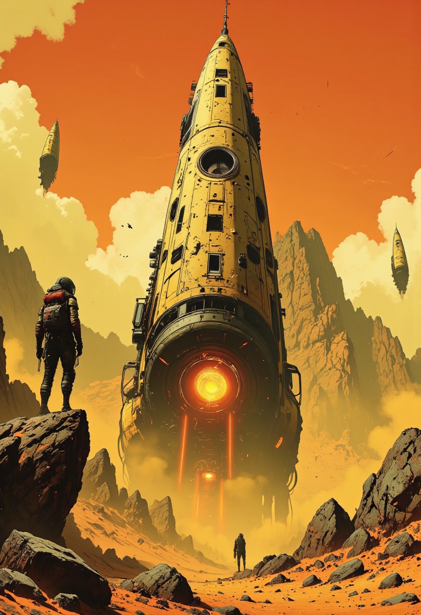 Imagine a futuristic, desert-like landscape with a sci-fi theme. The central focus is a large, sleek spacecraft with a triangular shape and a smooth, metallic surface, painted in a light beige color. The spacecraft has a large, round cockpit with a bright, glowing orange light emanating from it, suggesting it's active. The cockpit is surrounded by a complex array of sensors, antennas, and control panels. In the foreground, on the left, stands a humanoid figure in a futuristic, armored suit with a helmet, possibly a pilot or a crew member. The figure is silhouetted against the sun, casting a shadow, and appears to be gazing upward at the spacecraft. The spacecraft is flying through a big space voqteckz portal gateway. The background features a vast, arid desert with scattered rocks and a few small, rugged mountains in the distance. The sky is a gradient of warm, golden hues, with fluffy, white clouds scattered across it. Two additional spacecraft, similar in design to the central one, are visible in the background, hovering in the sky. The overall atmosphere is one of awe and anticipation, suggesting a moment of arrival or exploration in a distant, alien world. The composition is cinematic, with a sense of scale that emphasizes the sheer grandeur of the ship against the timeless landscape. High detail, ultra-textured, 8K resolution, atmospheric depth, concept art. anime, cyberpunk, DB4RZ, DB4RZ style painting, in the style of cksc