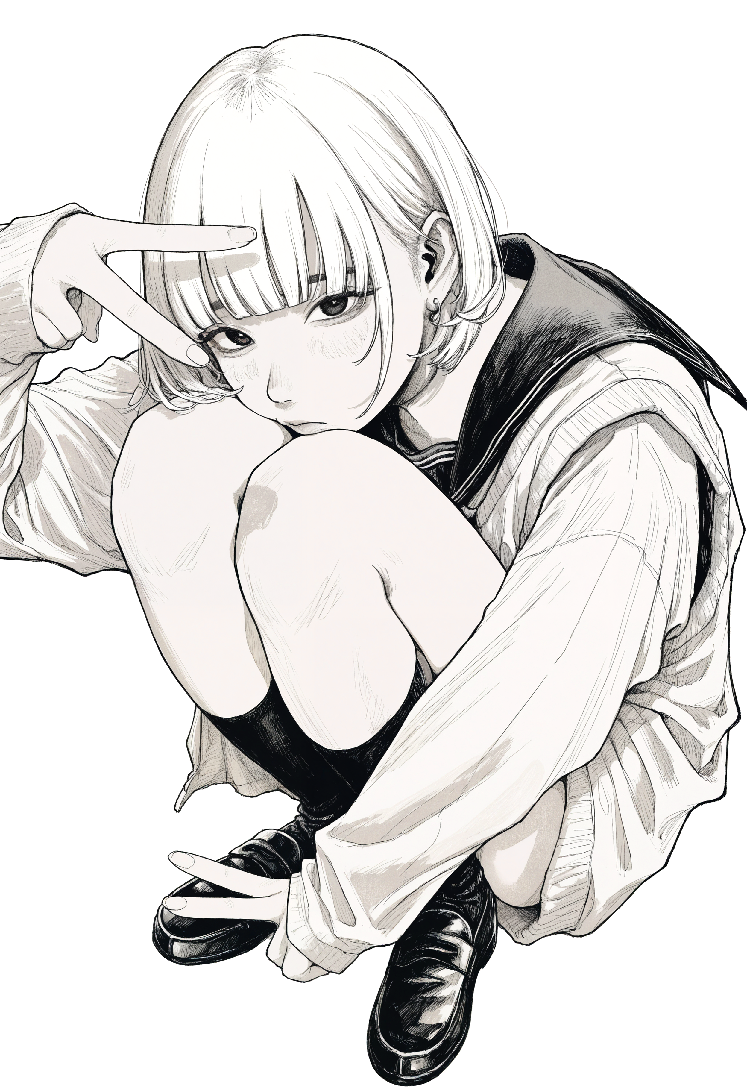 masterpiece, best quality, very aesthetic, absurdres, year 2024, year 2023,  monochrome, greyscale, hatching \(texture\), manga, white background,  1girl, solo, short hair, blunt bangs, v, hand over face, sailor collar, sweater vest, black socks, black footwear, squatting, knees to chest, hand on own ankle, looking at viewer, dangle earrings, oversized sweater, facing to the side,   <lora:owk_bsh_yy>  <lora:ponyv4_noob1_2_adamW-000017:0.35>