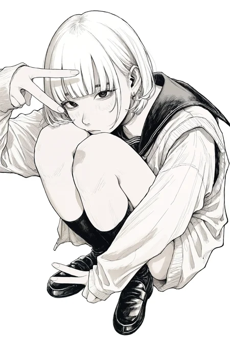masterpiece, best quality, very aesthetic, absurdres, year 2024, year 2023, monochrome, greyscale, hatching \(texture\), manga, white background, 1girl, solo, short hair, blunt bangs, v, hand over face, sailor collar, sweater vest, black socks, black footwear, squatting, knees to chest, hand on own ankle, looking at viewer, dangle earrings, oversized sweater, facing to the side, <lora:owk_bsh_yy> <lora:ponyv4_noob1_2_adamW-000017:0.35>