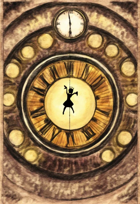 silhouette of a dancing puppet against the background of a large clock tower