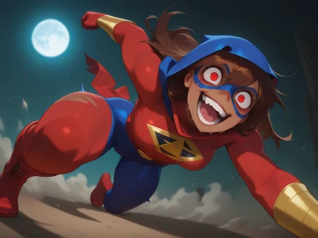 1girl, 
 Kamala Khan (Ms. Marvel), Marvel, dark-skinned female, ,
 crazy, action, 
<lora:DarkfireKans3n_v2Final:1>