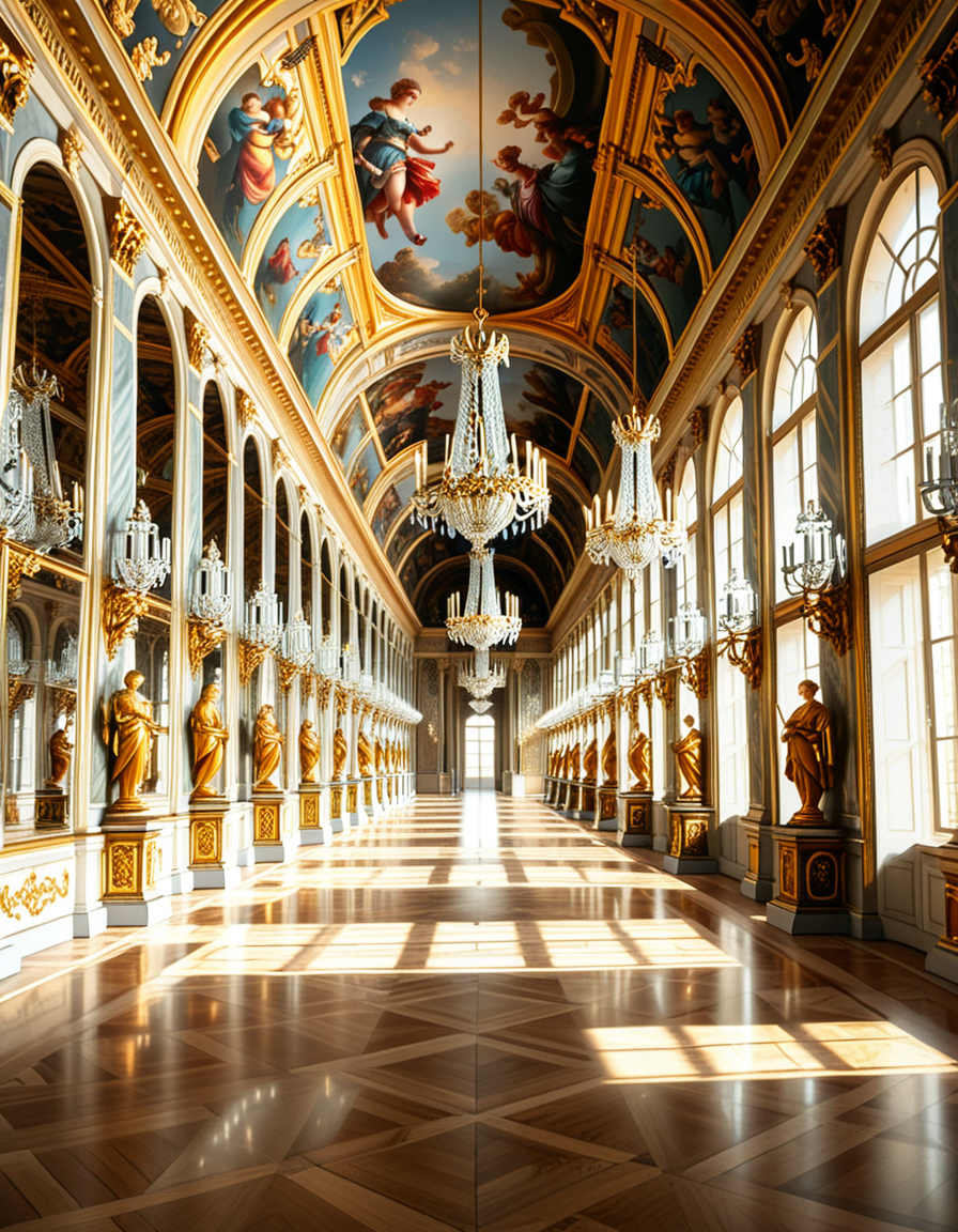 A breathtaking, photorealistic depiction of the Hall of Mirrors (Galerie des Glaces) at the Palace of Versailles in France, captured in golden afternoon light. The hall is grand and opulent, with a high arched ceiling painted with intricate Baroque frescoes. The walls are lined with tall arched mirrors on one side and large arched windows on the opposite side, flooding the space with natural light. Elegant crystal chandeliers hang from the ceiling, reflecting in the mirrors and sparkling with golden highlights. The marble floors are polished and gleaming, with rich, warm tones. Gilded statues and decorative elements frame the mirrors and doorways. The image style is ultra-detailed and photorealistic, with sharp textures and soft, warm lighting creating a majestic, timeless atmosphere. No people present, only the serene magnificence of the empty hall. Camera angle at eye level, centered down the hall, capturing the full length and symmetry of the space.
<lora:SDXLFaeTastic2400:0.4> <lora:extremely_detailed:0.4> extremely detailed,<lora:Hall_of_M1rr0rs:1>,Hall of M1rr0rs, Masterpiece,best quality,hi res,8k,hi res,8k,award winning,(sharp focus, intricate, highly detailed),
