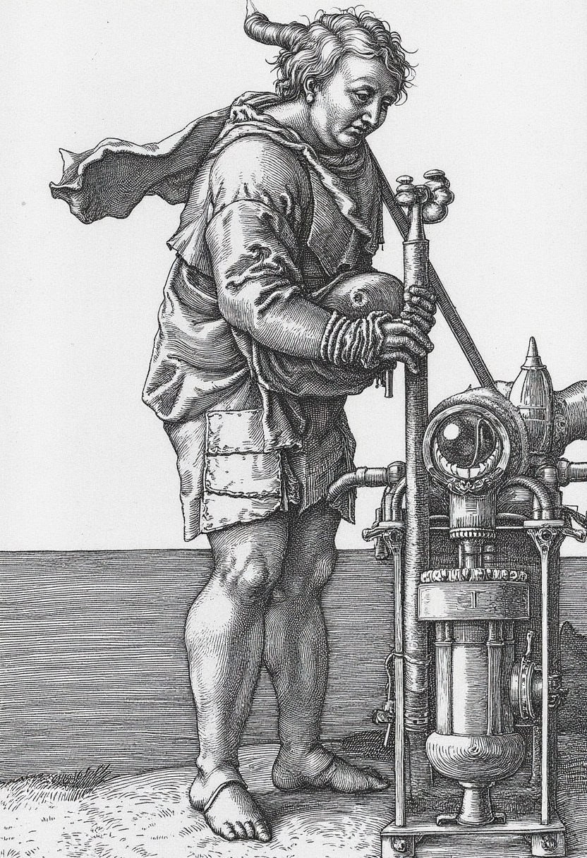 engraving in the style of yfg-durer, an ancient machine