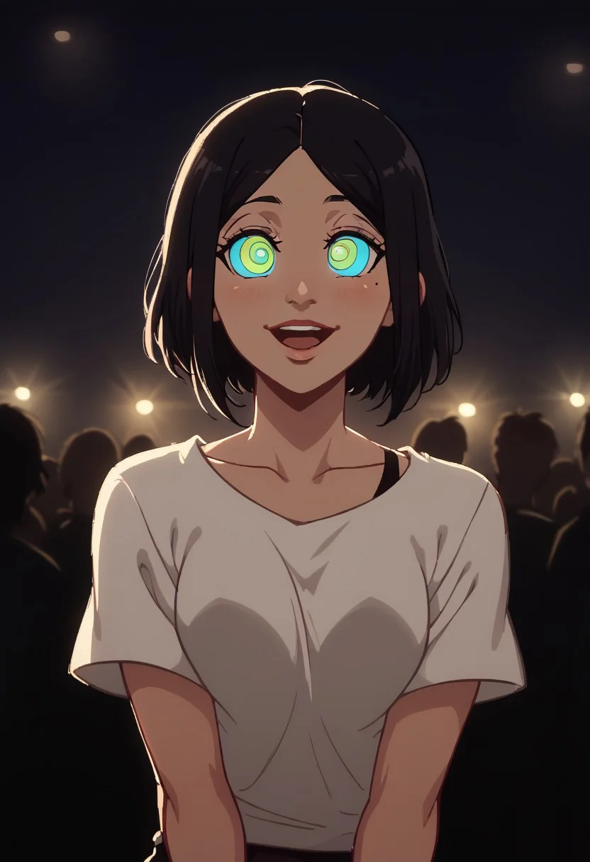 score_9, score_8_up, score_8_up, raw,
tsato, black hair, short hair, mole under eye, white t-shirt, black shorts,
arcan3styl3v1, blurry background, depth of field, indoors, night club, crowd, blurry crowd, colored lighting, strobe lights, lasers, neon, screens, cowboy shot, kneeling, mouth open, wide eyes, ((kaa eyes)), (goofy smile:0.6),
43stl1ght1ng, low light, dramatic lighting, darkness,