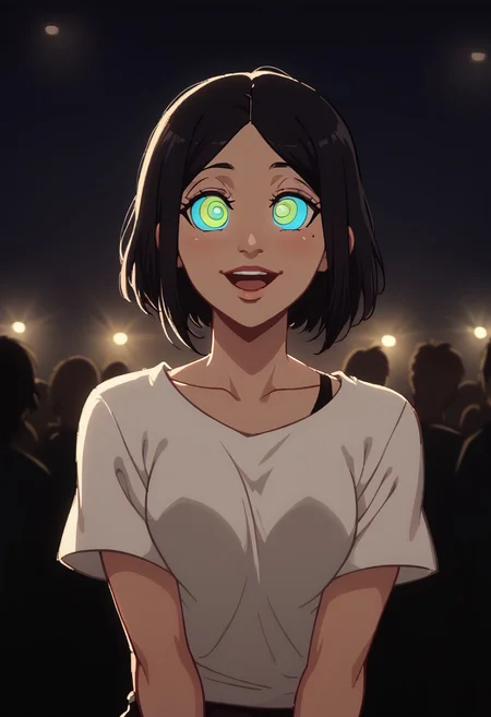 score_9, score_8_up, score_8_up, raw,
tsato, black hair, short hair, mole under eye, white t-shirt, black shorts,
arcan3styl3v1, blurry background, depth of field, indoors, night club, crowd, blurry crowd, colored lighting, strobe lights, lasers, neon, screens, cowboy shot, kneeling, mouth open, wide eyes, ((kaa eyes)), (goofy smile:0.6),
43stl1ght1ng, low light, dramatic lighting, darkness,