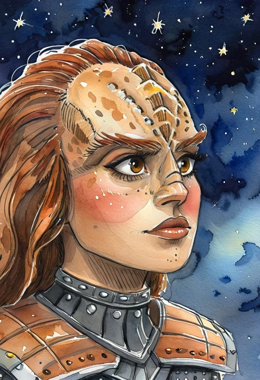 ((novuschroma43 style watercolor sketch) of a female kling0n alien, forehead ridges, brown skin, nose ridges, large eyebrows, leather armor), black starry night time sky background full of stars