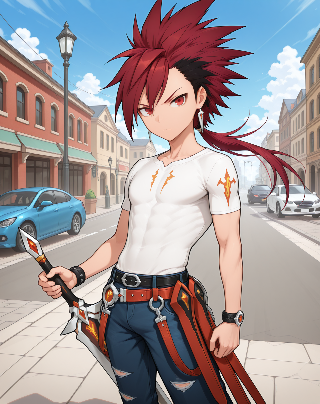 masterpiece,best quality,amazing quality, newest, very aesthetic, absurdres,
1boy, solo, yaoi, male focus, looking at viewer, cowboy shot, standing,
<lora:Elsword_Infinity_Sword_ilxl:1>  elswordis, red hair, red eyes, sword, spiked hair, two-tone hair, ponytail, long hair, black hair, multicolored hair,
white shirt, jeans, sneakers,
outdoors, day, blue sky, building, street, road, lamppost, car,