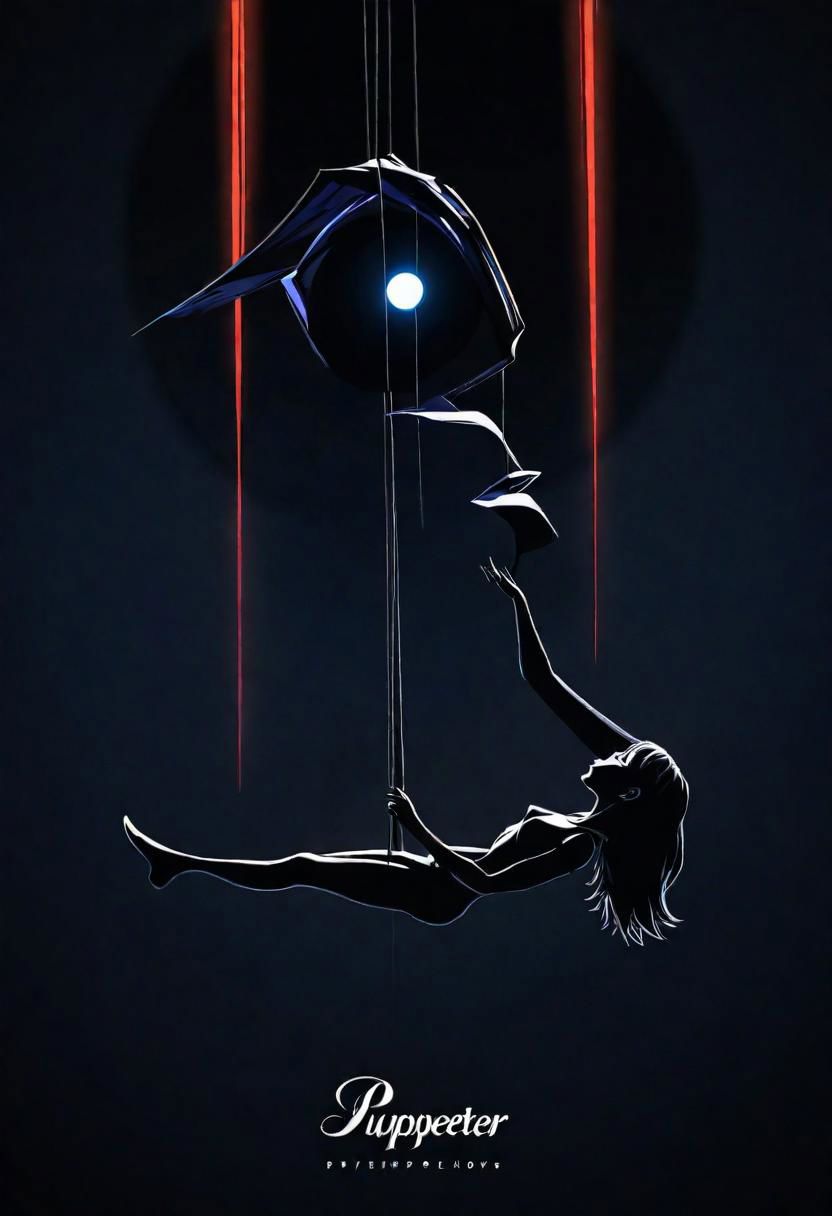 Generate an illustration of an anime puppeteer manipulating shadows and strings, symbolizing the art of puppeteer moves in dark psychology. The figure should have a mysterious aura., poster, typography, vibrant, cinematic, photo, 3d render