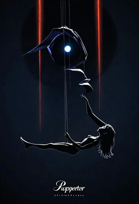 Generate an illustration of an anime puppeteer manipulating shadows and strings, symbolizing the art of puppeteer moves in dark psychology. The figure should have a mysterious aura., poster, typography, vibrant, cinematic, photo, 3d render