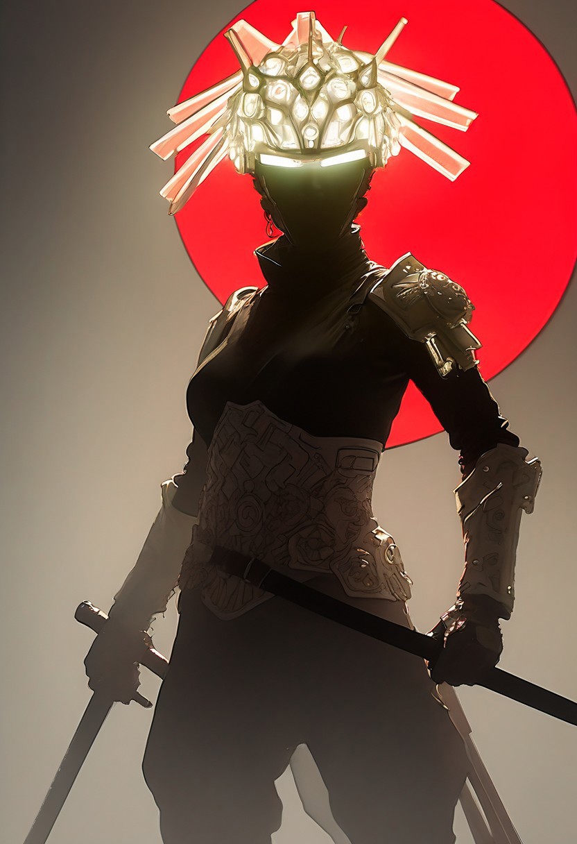 Anime Sketch By hergé, Shrouded Silhouette of a mysterious sexy Cyborg Samurai with katana wearing a black translucent automaton helmet, intricate translucent technical helmet details, Red circle Background, atmospheric lighting, novuschroma60 style bokeh, The photo features faded colors, with a limited palette of gray, beige, and washed-out red, capturing her cool, striking appearance.. cinematic composition, soft shadows, national geographic style,