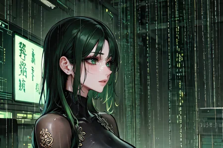 highly insanely detailed, masterpiece, top quality, best quality, highres, 4k, 8k, RAW photo, (very aesthetic, beautiful and aesthetic), ancient japanese cyberpunk, ancient chinese cyberpunk,
1girl, solo,
rainy,pure green background,transparent background,
<lora:two_side_up-1.0:0>âââ
