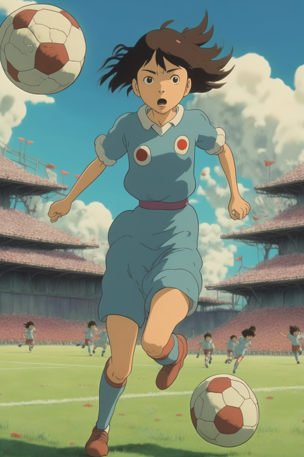 <lora:Studio Ghibli Style:1>Studio Ghibli Style - Japanese soccer player Mina Tanaka overcomes crushing pressure. Studio Ghibli animation style. surreal.