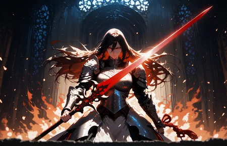 <lora:GEN 0.1v:0.8>,<lora:Expressive_H-000001>,<lora:modern_anime_screencap_v1_0:0.8>,source_anime,score_9,score_8_up,score_7_up,score_6_up,dark theme,dark background,low light,depth of field,magma background,fire background,castle,
1girl,solo,<lora:age_slider_v4:1.4>,adult,tall female,black hair,long hair,long bangs,straight hair,hair between eyes,red eyes,pale skin,curvy,(angry:0.8),half-closed eyes,fighting stance,standing,visor \(armor\),black full plate armor,breastplate,holding greatsword,intricate armor design,glowing eyes,great shield,