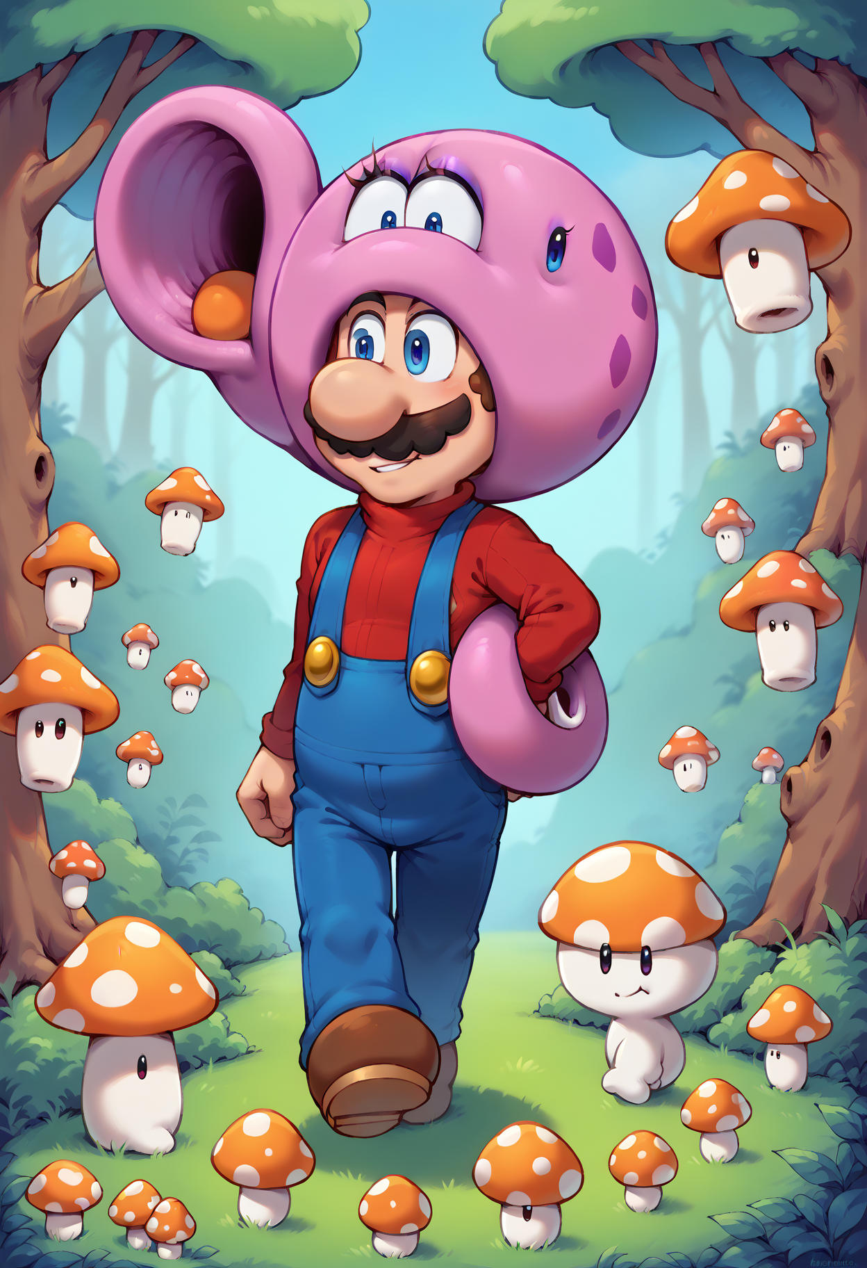 score_9, score_8_up, score_7_up, 2 boys, mushroom forest in background, 
(mario:1), (bald head), standing, looking at viewer, <lora:mario_universe-v6_pdxl:1>, 
birdo, full body, flying over Mario's head, on side, from side, mouth on bald head, looking down, leaning to the side, horizontal position, sucking, eyelashes, red bow, pink skin, dinosaur, open mouth, hair bow, blue eyes, makeup, <lora:BirdoPony1.0:1>