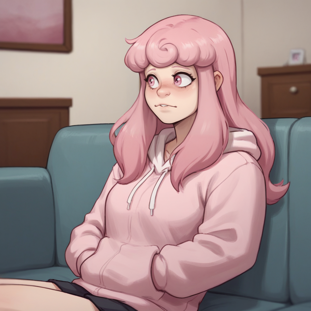 score_9_up, score_8_up, BREAK, GrimalineSmith, 1girl, solo, pink hair, long hair, pink eyes, pink hoodie, <lora:GrimalineSmith_PXL_Leaf1:0.8>, indoors, sitting on couch, depth of field,