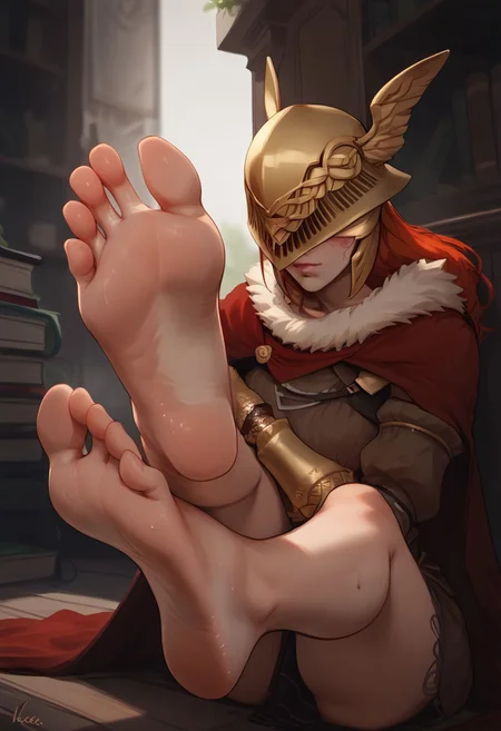 score_9, score_8_up, score_7_up, (solo: 1.5), girl only,
MaleniaDef (red hair, covered eyes, helmet, fur trim, brown dress, red cape, armor, single scar on arm, single mechanical arm) in the library, arched back,  (big boobs: 1.5), slender body, high quality, feet, ((feet, feet focus, toes, barefoot, soles)), sweaty feet, close up, zPDXL2, zPDXLxxx, Expressiveh