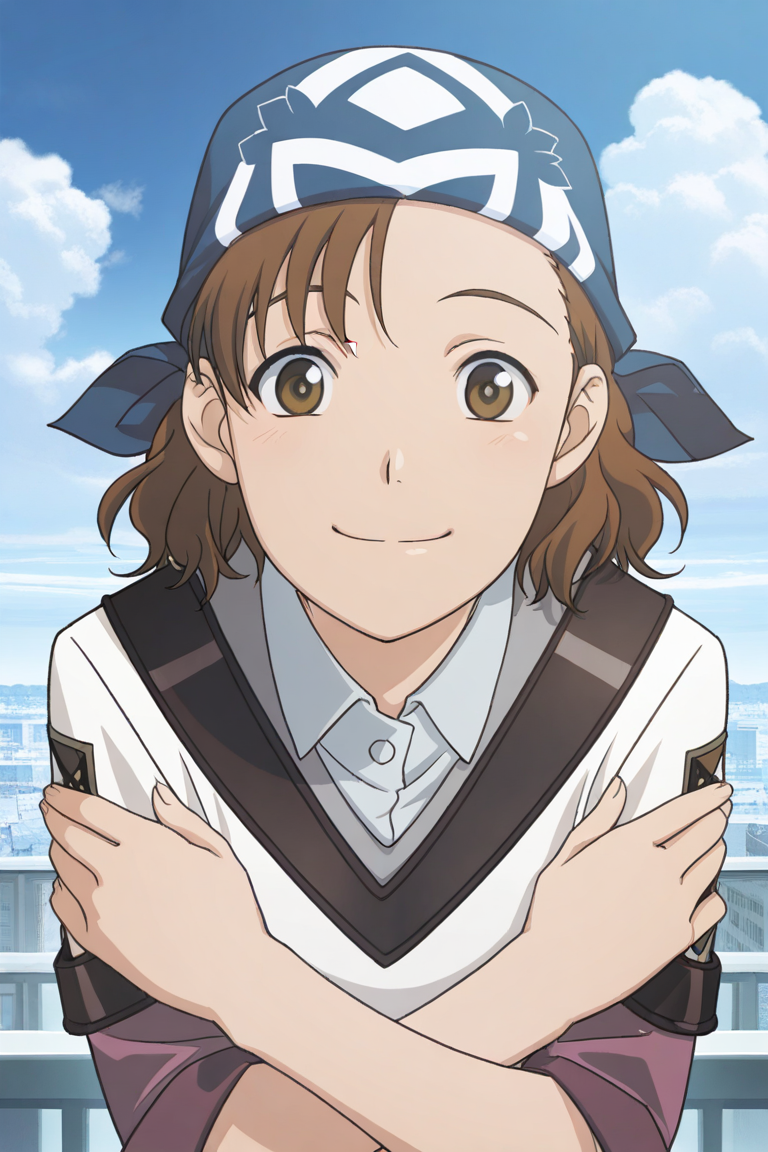 masterpiece, best quality, source_anime,official art,perfect_anatomy,1girl,Seika_Mori,bandana,blue_headwear,brown_eyes,brown_hair,school_uniform,(face focus, beautiful detailed face,looking_at_viewer,smile),crossed_arms,upper_body,day,blue_sky,cloud