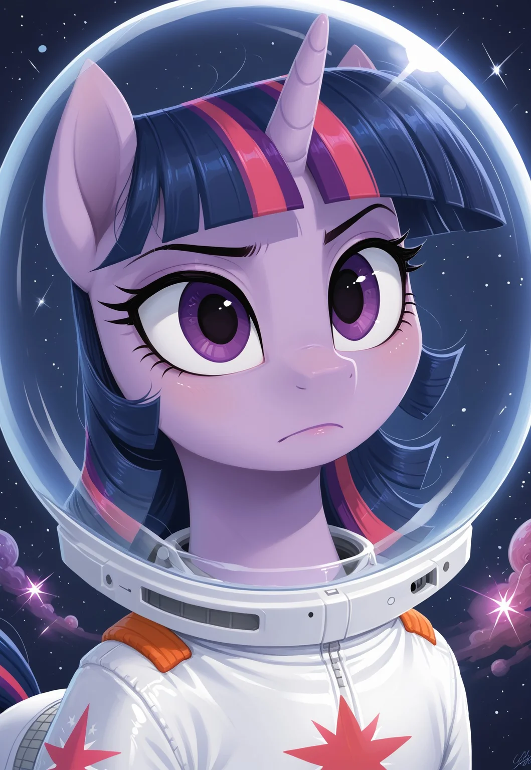 score_9, score_8_up, score_7_up, solo. pony, mare, imp4ct_style, Purple Skin, Purple Eyes, Twilight Sparkle_(mlp), in_space, hovering_mid_air, stars, wearing_spacesuit, all_body_focus, fullsuit, earth_on_background, close_up, detailed, halfbody_focus, portrait