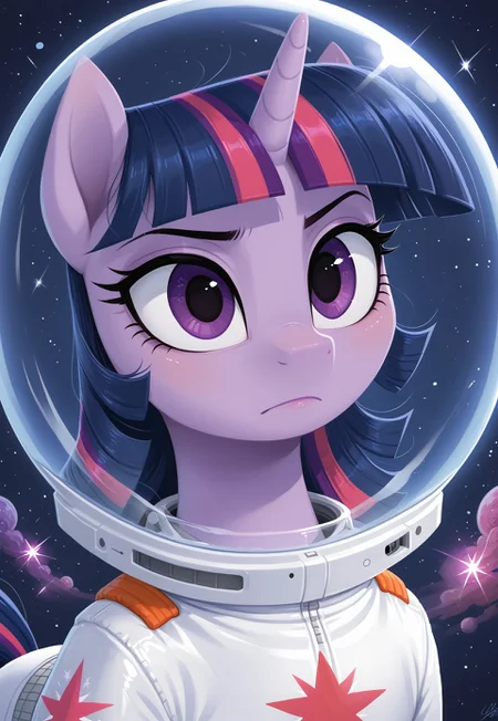 score_9, score_8_up, score_7_up, solo. pony, mare, imp4ct_style, Purple Skin, Purple Eyes, Twilight Sparkle_(mlp), in_space, hovering_mid_air, stars, wearing_spacesuit, all_body_focus, fullsuit, earth_on_background, close_up, detailed, halfbody_focus, portrait