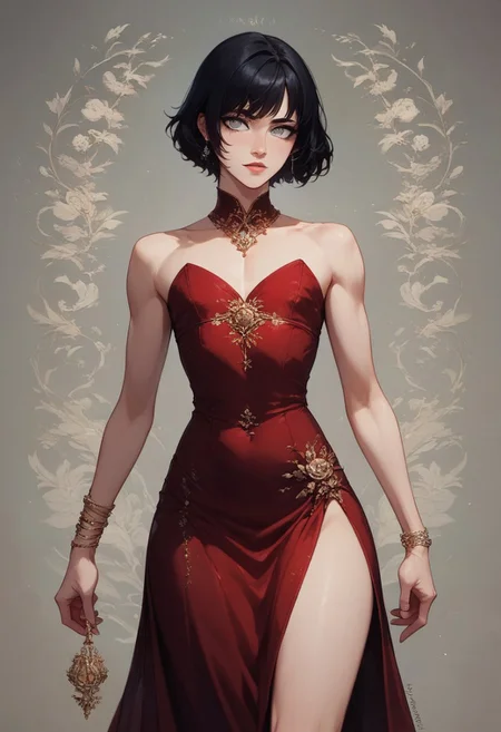 score_9, score_8_up, score_7_up, 1boy, femboy, otoko no ko, short hair, bob cut hair, black hair, grey eyes, gray eyes, feminine face, toned body, Shelly, long red dress, ruched neckline, ball gown, flowing gown, side slit, elegant dress, expensive jewelry, highly detailed, intricate, zzCitronCAT, sexy pose, haughty expression, cowboy shot, modelshoot, abstract background, solo