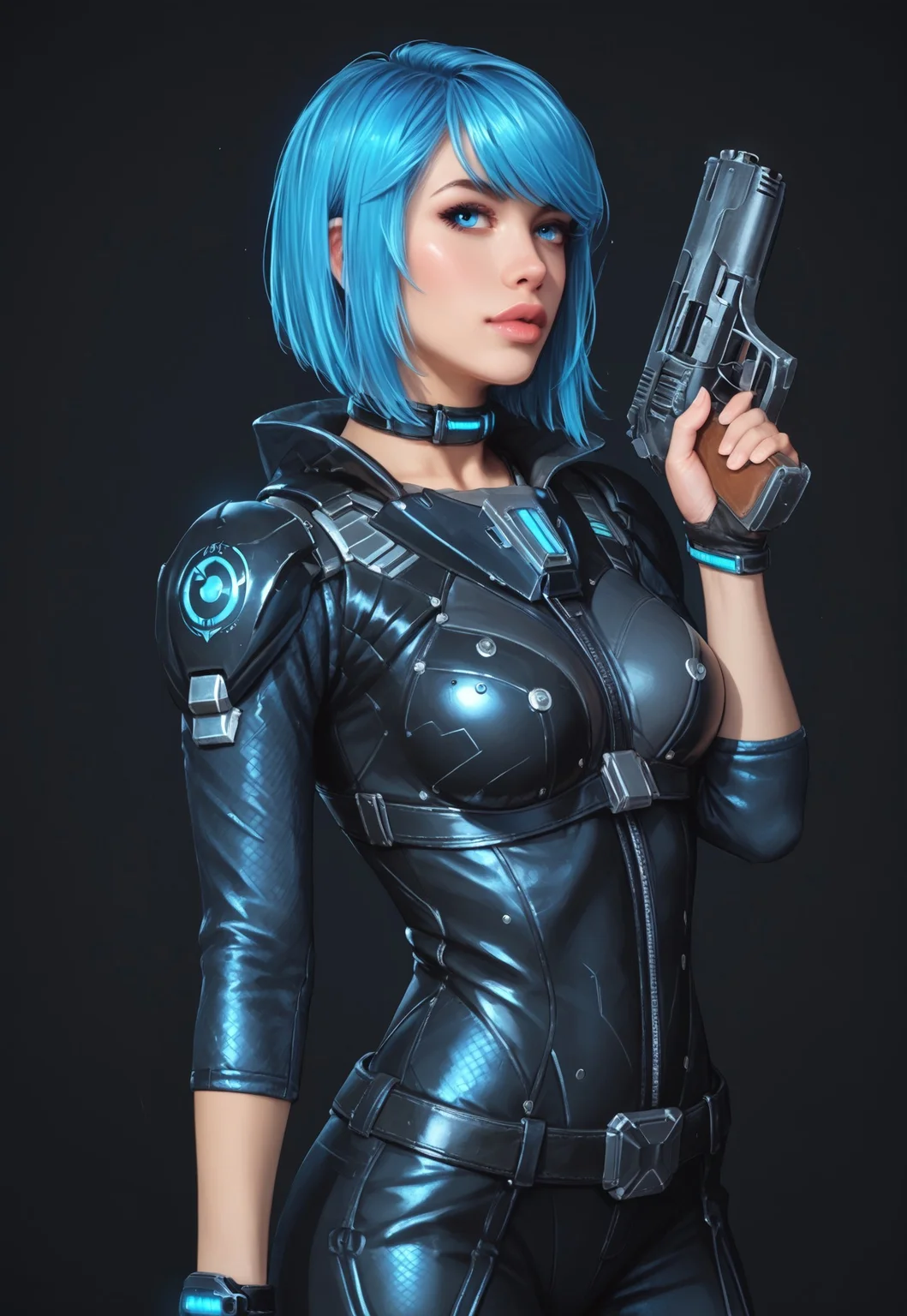 safe_pos, core_9, score_8_up, score_8, semi realistic, ultra detailed, 8k, high quality, hi res, high quality, detailed eyes, perfecteyes, detailed face, 1girl, sharp focus, cowboy-shot, focus on hip, (1girl:1.2), Nyx from Quake Champions, futuristic assassin outfit, (((pistol in hand))), pale skin, ((glowing bobcut blue hair, side bangs)), realistic, cinematic angle, cinematic lighting, athletic body, intense face, glowing blue eyes, stealthy pose
BREAK
infiltrating a high-tech corporate facility at night
BREAK
source_sci_fi_art, rating_explicit, expressive, half body, back view, dynamic pose
BREAK
detailed beautiful background, futuristic architecture, neon lights, advanced security systems, holographic displays, dark shadows, tense atmosphere
(((full clothed)))