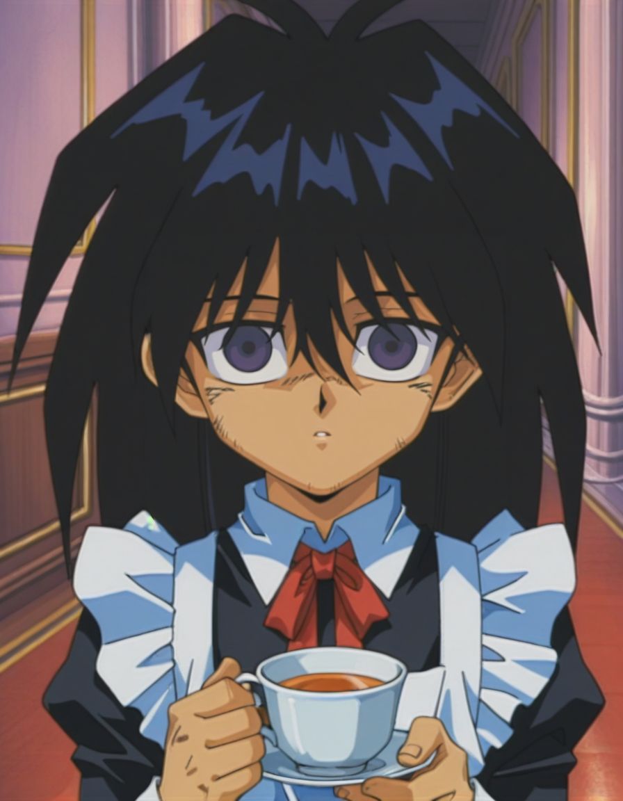 masterpiece, best quality, male focus, face focus, looking at viewer, bedroom, (maid:1.2), solo, presenting a cup of tea, 
<lora:Mind_Controlled_Mokuba_1:0.9>, m0ku, 1boy, black hair, long hair, purple eyes, retro artsyle, 1990s (style), hair between eyes, male child, empty eyes,