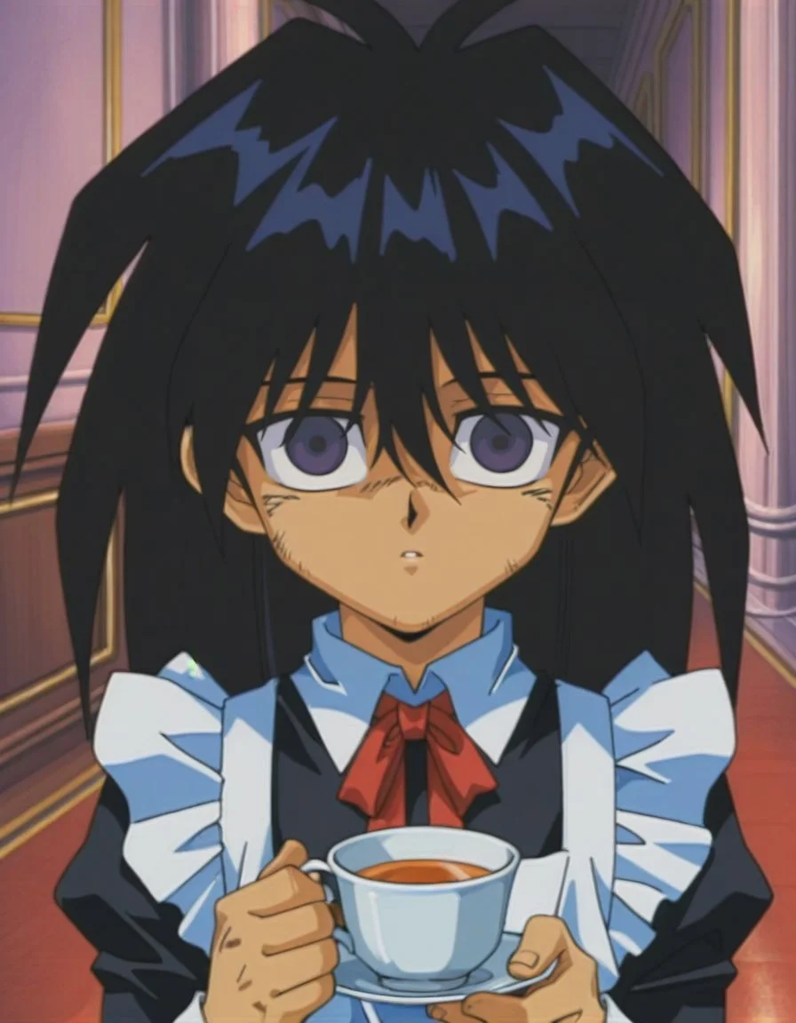 masterpiece, best quality, male focus, face focus, looking at viewer, bedroom, (maid:1.2), solo, presenting a cup of tea,
<lora:Mind_Controlled_Mokuba_1:0.9>, m0ku, 1boy, black hair, long hair, purple eyes, retro artsyle, 1990s (style), hair between eyes, male child, empty eyes,
