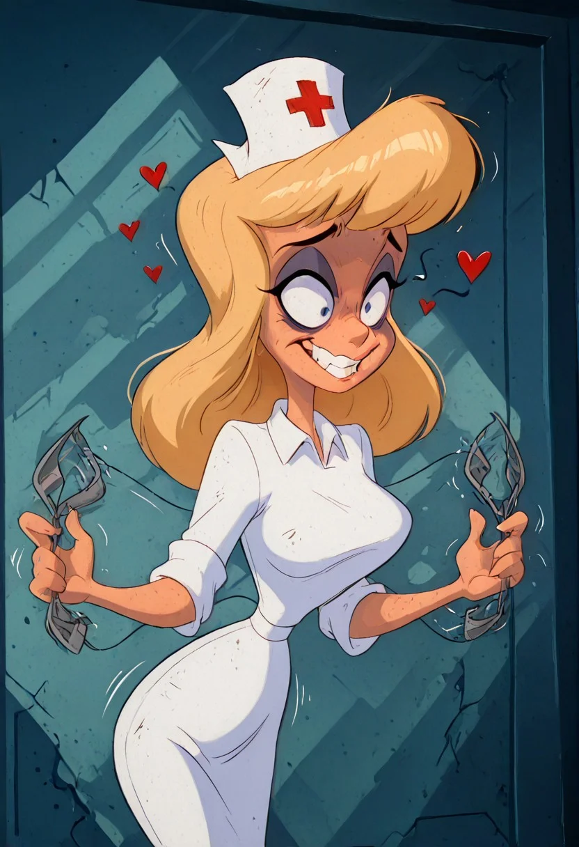 masterpiece, best quality, amazing quality, absurdres,(((((hospital office))))),(((((dramatic light))))), (((hiding her emotions))),(((trying to be calm))), (((((((envying:2))))))),(mad:2),(grin:2),(((((((((Constricted Pupils))))))))),(((hellonurse))), ((extremely painful:2),(fear:2),(terror:2),(insulting:2),((((((extremely malicing)))))),blonde hair, teal eyes, (((1girl))), alone, big breasts,((((slim body))))),eyeshadow, twerking,((((tight dress)))), ((((white nurse dress)))), Heloise Nerz, hellonurse, dirty, detailed body, detailed face, highly detailed body, highly detailed face, dynamic pose, posing, ((((((angsty))))), (((((furious)))))), (((((submissive)))))), 1girl, dirty messed burnt blonde  hair, wounds, hit herself,  selfharm,terror,((((((((bags under eyes)))))))),  blue eyes, eye twitching,confused, humiliated face, depressed face, black eyes,  extremely broken heart, wall eyes, shaggy hair,smashed mouth, crazy emotion, narrow waist