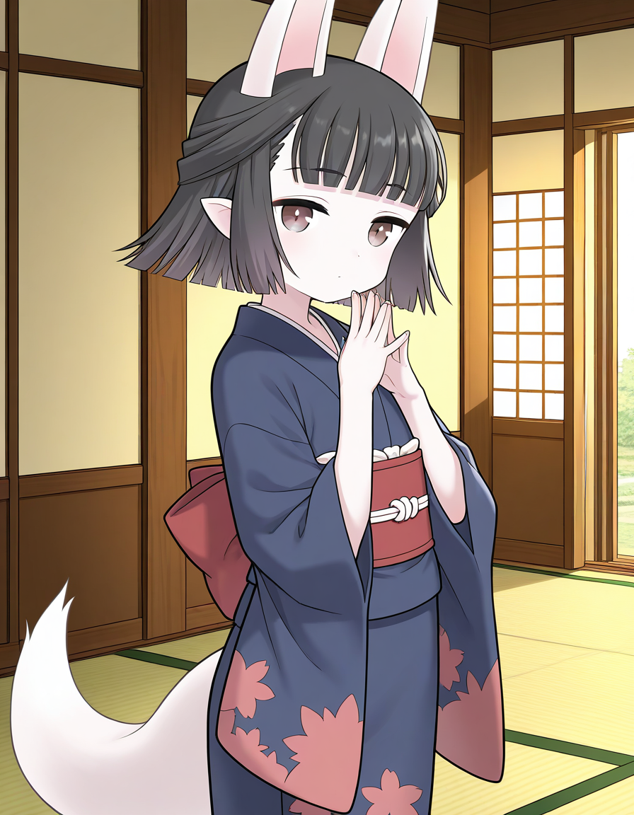 general,highres, ultra-detailed,very aesthetic,best quality ,best hands,  BREAK <lora:Hasaha_IS:1> Hasaha, 1girl,solo, animal ears, short hair, pointy ears, black hair, white tail, 
brown eyes, blunt bangs, fox tail,
 japanese clothes,  red sash, red obi, blue kimono, 
Japanese room, tatami,