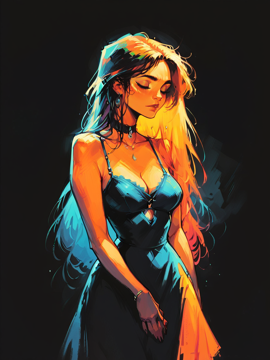 score_9, score_8_up, score_7_up, score_6_up, score_5_up,  <lora:bp4rtXLP:1> bp4rt, black background, 1girl, curvy, dress, colorful