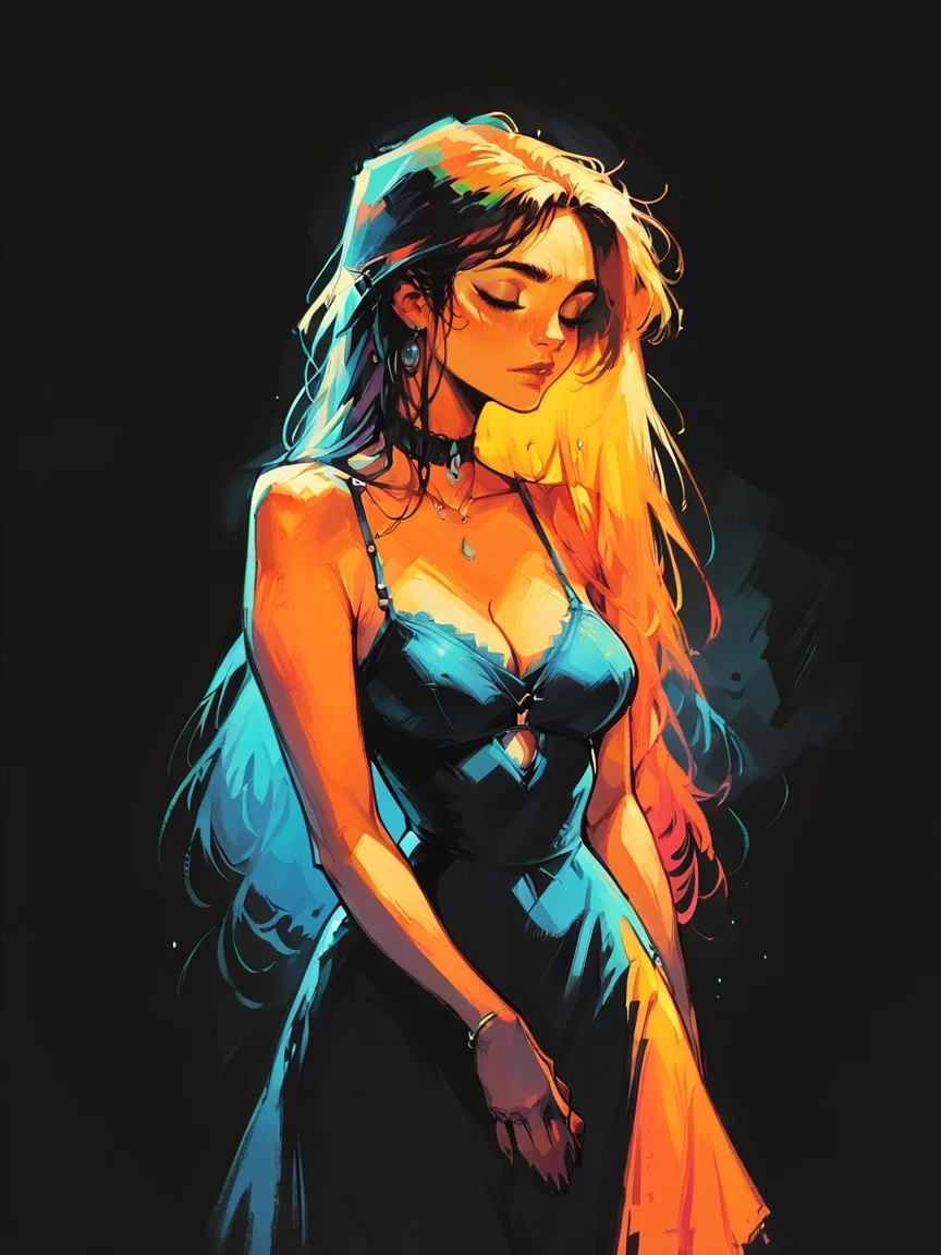 score_9, score_8_up, score_7_up, score_6_up, score_5_up,  <lora:bp4rtXLP:1> bp4rt, black background, 1girl, curvy, dress, colorful