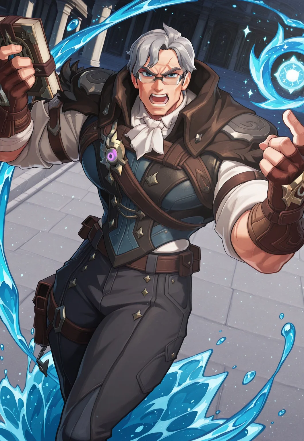 2d, animated, anime face, manga face, anime coloring, anime screencap, rim light, soldier: 76 \(survivor: 76\) \(overwatch\), short hair, grey hair, blue eyes, scar on face, scar on mouth, bara, himbofication, (muscular, broad shoulders, big arms, large pectorals, small waist, narrow waist, wide hips, thick thighs), (white ascot, white shirt, vest, cape, brown gloves, fingerless gloves), holding book, catalyst \(genshin impact\), using water power, sparkles, magic spell, angry, open mouth, looking at viewer, dynamic angle, dynamic pose, casual clear eyewear, clear eyeglasses, very awa, masterpiece, best quality, absurdres, newest, perfect quality, detailed background, intricate details