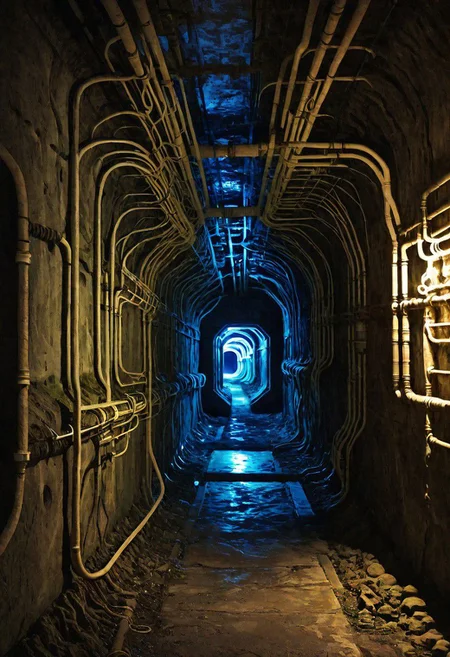 Twisting cavernous Cyberpunk catacombs, tunnels lined with pipe work and wires, drab graffitied concrete illuminated by the soft glow of neon lighting, thick twisting tree roots growing in through the walls, masterpiece, sci-fi painting, dramatic lighting, vaporwave vibe