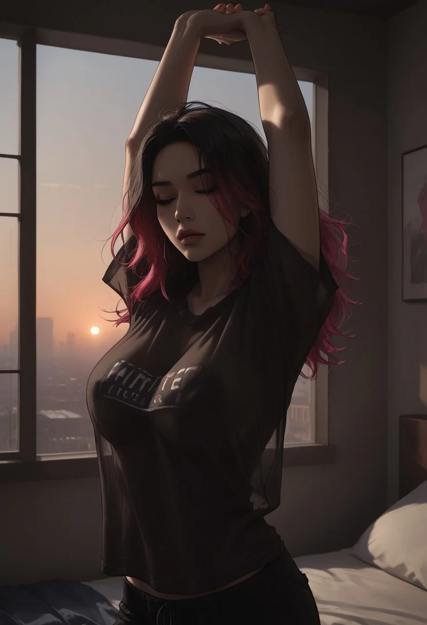 score_9, score_8_up, score_7_up, BREAK, Chiaroscuro Lighting Style, partially covered in shadow, epiCPhoto, sunset, asian girl, makeup, ((two-toned hair, dyed hair)), bedroom, window, city skyline, solo, ((oversized t-shirt, stretching, no bra, back arched, arms up, large breasts, see through shirt, body sihouetted)), depth of field, highly detailed, high contrast, film grain, Rim Lighting