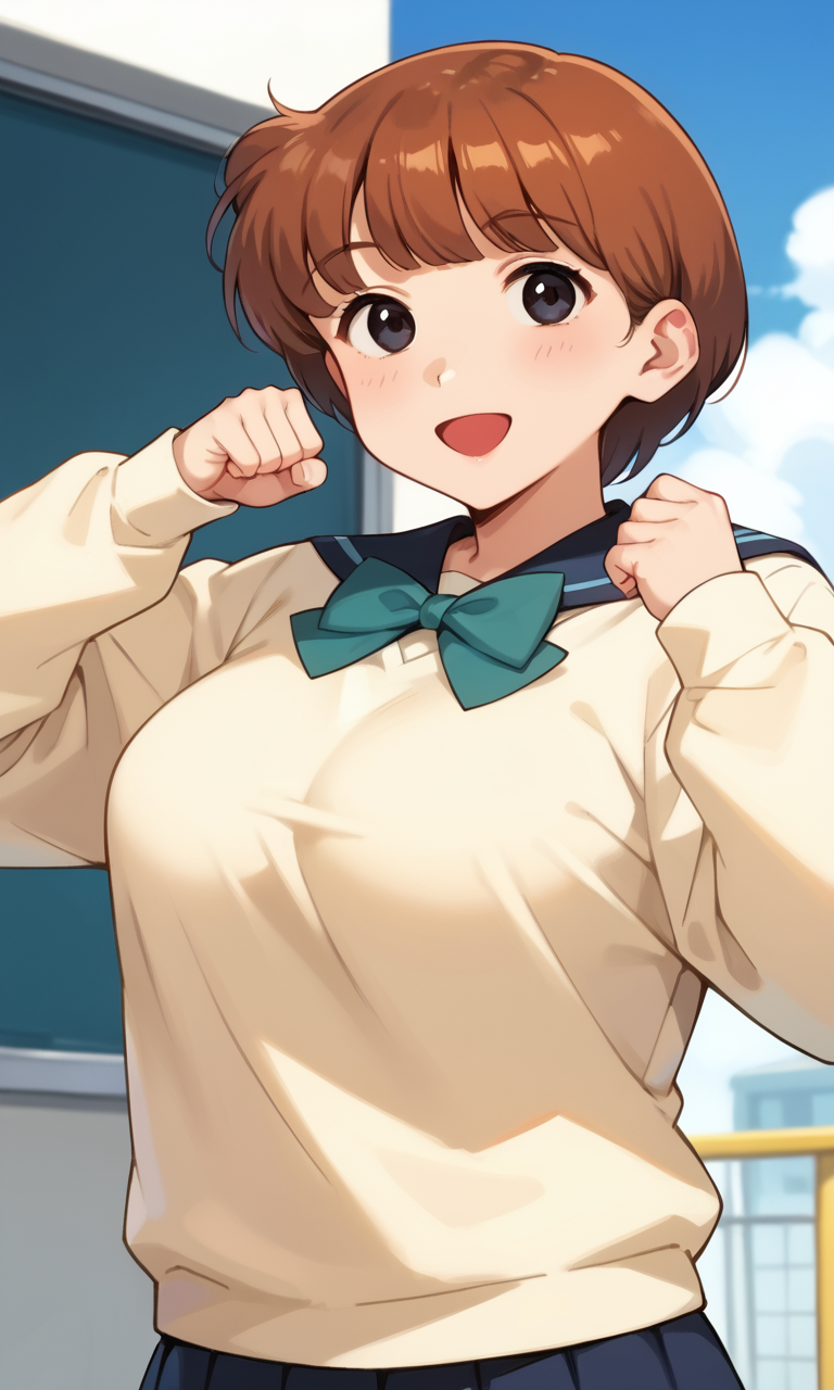 (1girl:1.5), (solo:1.3), (score_9, score_8_up, score_7_up, score_6_up, score_5_up, score_4_up), (source_anime), rating_questionable, looking at viewer, (upper body:1.3), outdoors, blue sky, 
 (yellow sweater, oversized clothes, long sleeves, blue sailor collar, green bowtie, blue skirt, pleated skirt, miniskirt, white socks, black footwear), (large breasts), <lora:mari-friend-mika_v1:0.9> (mari-friend-mika), (black eyes, brown hair, short hair, blunt bangs), (smile, happy, open mouth, wide mouth),
clenched hands, hands up,
