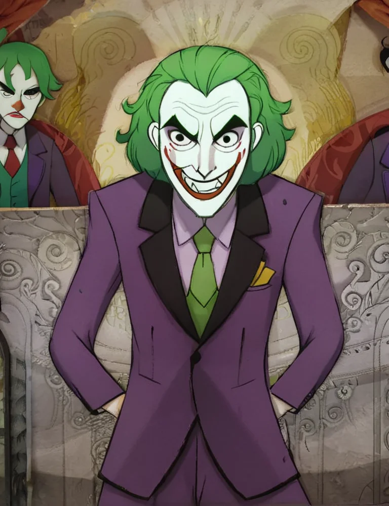 the joker, green hair, purple suit <lora:Cartoon_Saloon_Style_XL_kk:1> cartoon saloon