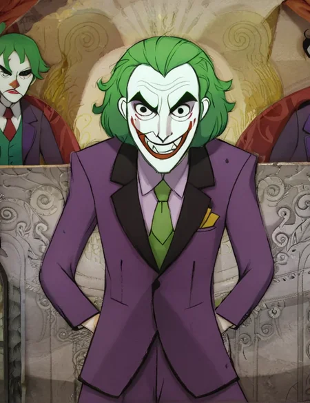 the joker, green hair, purple suit <lora:Cartoon_Saloon_Style_XL_kk:1> cartoon saloon