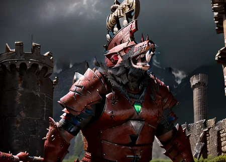 queek, aggressive look, detailed facial features, castle ruins in the background, raining ,wearing armor, toned, full-length photo, helm, 70mm lens, symmetrical,posing, monster,(small red areolas:1.2), athletic, sharp, textured skin, perfect body, 1boy, realistic, detailed, slim, (perfect fingers:1.2), amused, photographed by a Nikon Z7 II Camera,(high detailed skin:1.2),8k uhd, <lora:QueekV2-000006:1>