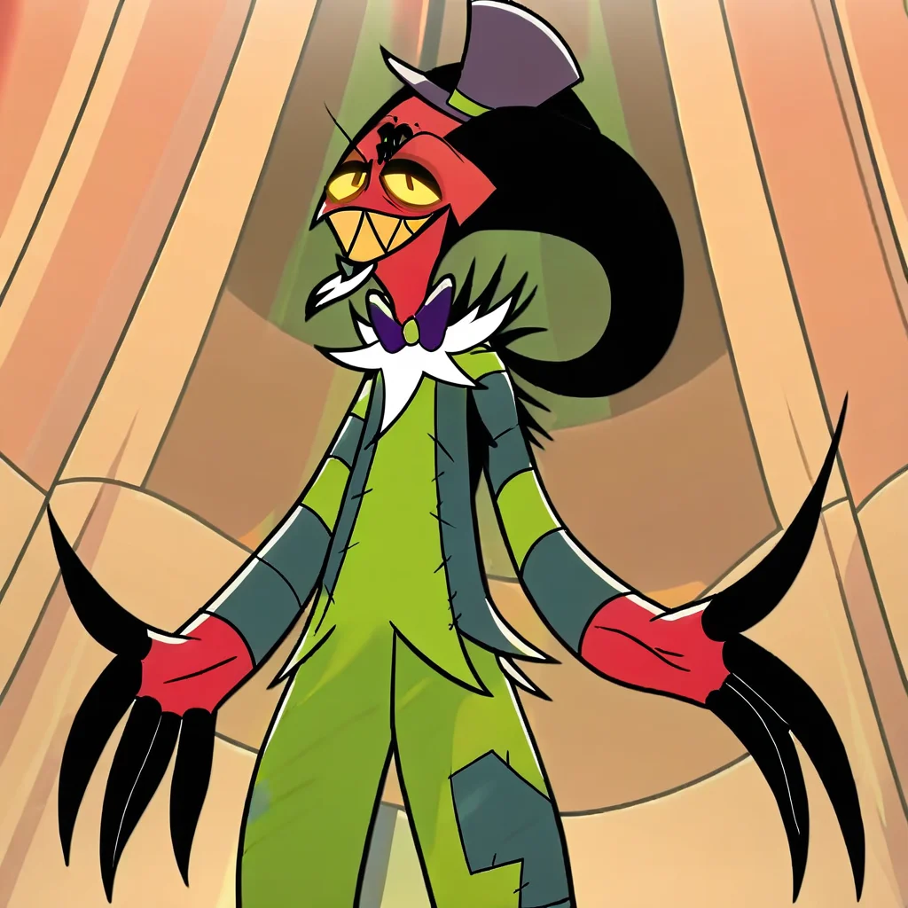 cash_(helluva_boss), cash_buckzo, red body, imp, goatee, spade tail, demon tail, large horns, white and black horns, chest tuft, facial hair, colored skin, red skin, colored sclera, yellow sclera, tail, demon tail, horns, demon boy, teeth, sharp teeth, yellow teeth, Showtime_Circus_top, Showtime_Circus_pants, purple bowtie, showtime_circus_tophat