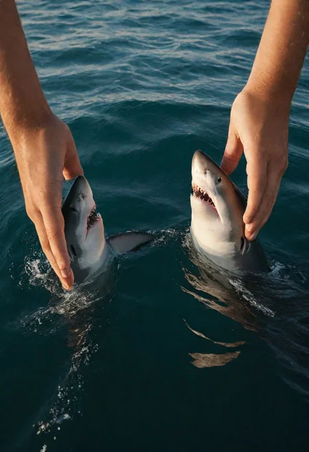 Create a captivating description for a photo featuring two hands reaching down into the ocean from above, gently caressing a giant white shark with wide opened jaw
a neon-pastel sunset landscape,