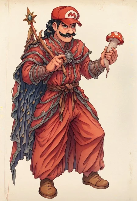 score_9, score_8_up, score_7_up, oblivionarts, mario the plumber, red hat, red outfit, thick mustache, dark hair, large nose, holding mushroom, simple background, traditional art, medieval aesthetic,