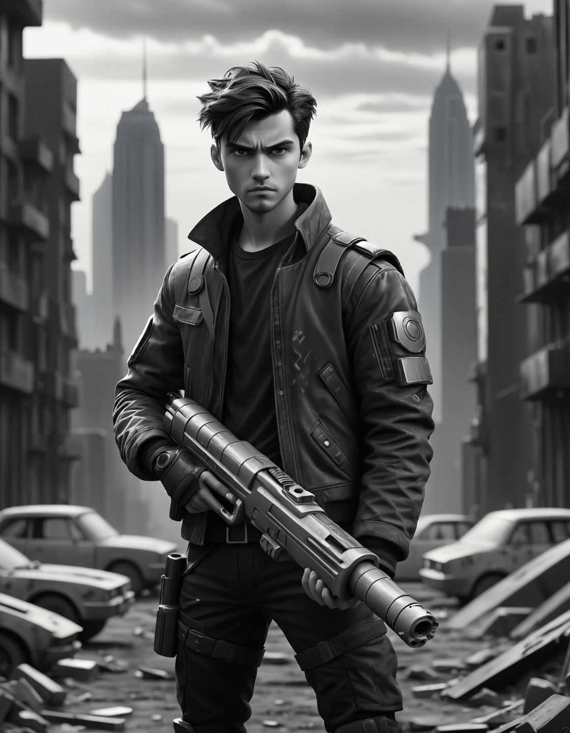 A rebel with a futuristic weapon, overlooking a dystopian cityscape., (monochrome grayscale black and white b&w cool shadows warm highlights soft focus black and white classic sound stage vintage film grain scratches patina directed cinematography movie film classic :1.3)