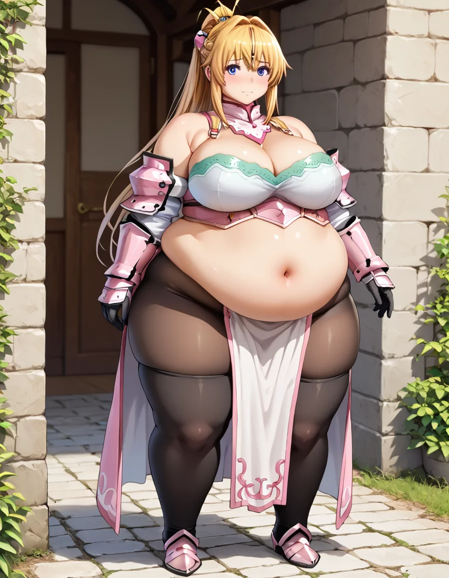 Ponyscores7, expressiveh, perfect face, perfect eyes, detailed face, detailed eyes, dickerchen, 1girl, solo, full body, ButaAnrietta, blonde hair, long hair, ponytail, hair ornament, blue eyes, large breasts, cleavage, bare shoulders, cleavage cutout, black pantyhose, gloves, knight, white thighhighs, armor, detached sleeves, pelvic curtain, looking at viewer, embarrased, blush, obese, short neck, big belly, thick thighs