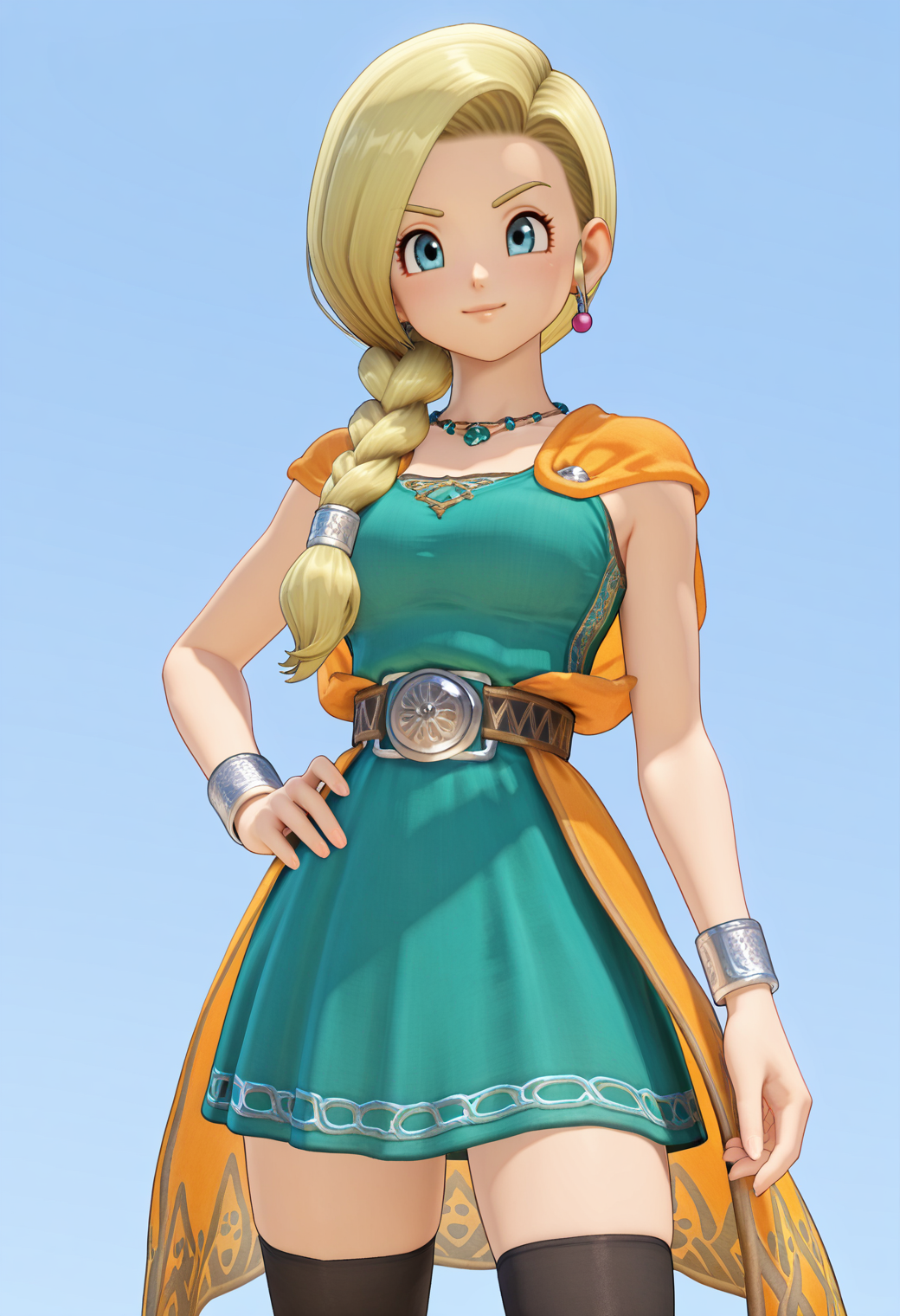 masterpiece, best quality, very aesthetic, absurdres, 1girl, solo,
<lora:dqh2_bianca_v01:0.7>, dqh2_bianca, blonde hair, long hair, single braid, hair over shoulder, blue eyes,
earrings, necklace, jewelry, orange cape, green dress, bracelet, black thighhighs, zettai ryouiki, (smile:0.7), hand on own hip, upper body, simple background