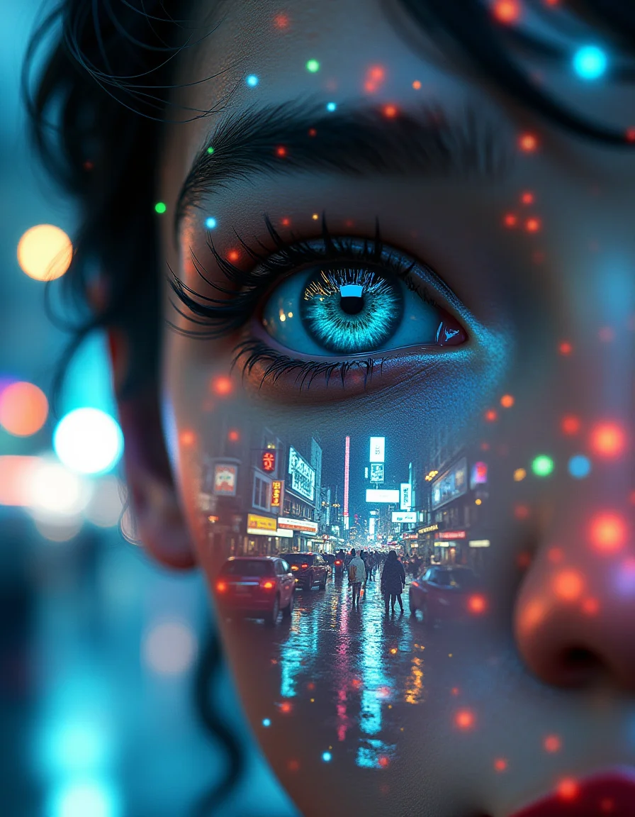 (masterpiece, digital art:1.3), highly intricate double exposure art inspired by Yuumei, (close-up of a person's eye:1.2) superimposed on a bustling city street, cyberpunk aesthetic, trending on CGSociety, multiple exposure technique, overlaying textures with glowing holographic elements, technicolor palette, bright city lights illuminating the scene, reminiscent of "The Matrix" film's Pinterest color scheme, high definition rendering, colorful dream-like atmosphere, elaborate details in the digital art, futuristic and vibrant, captivating visual narrative.