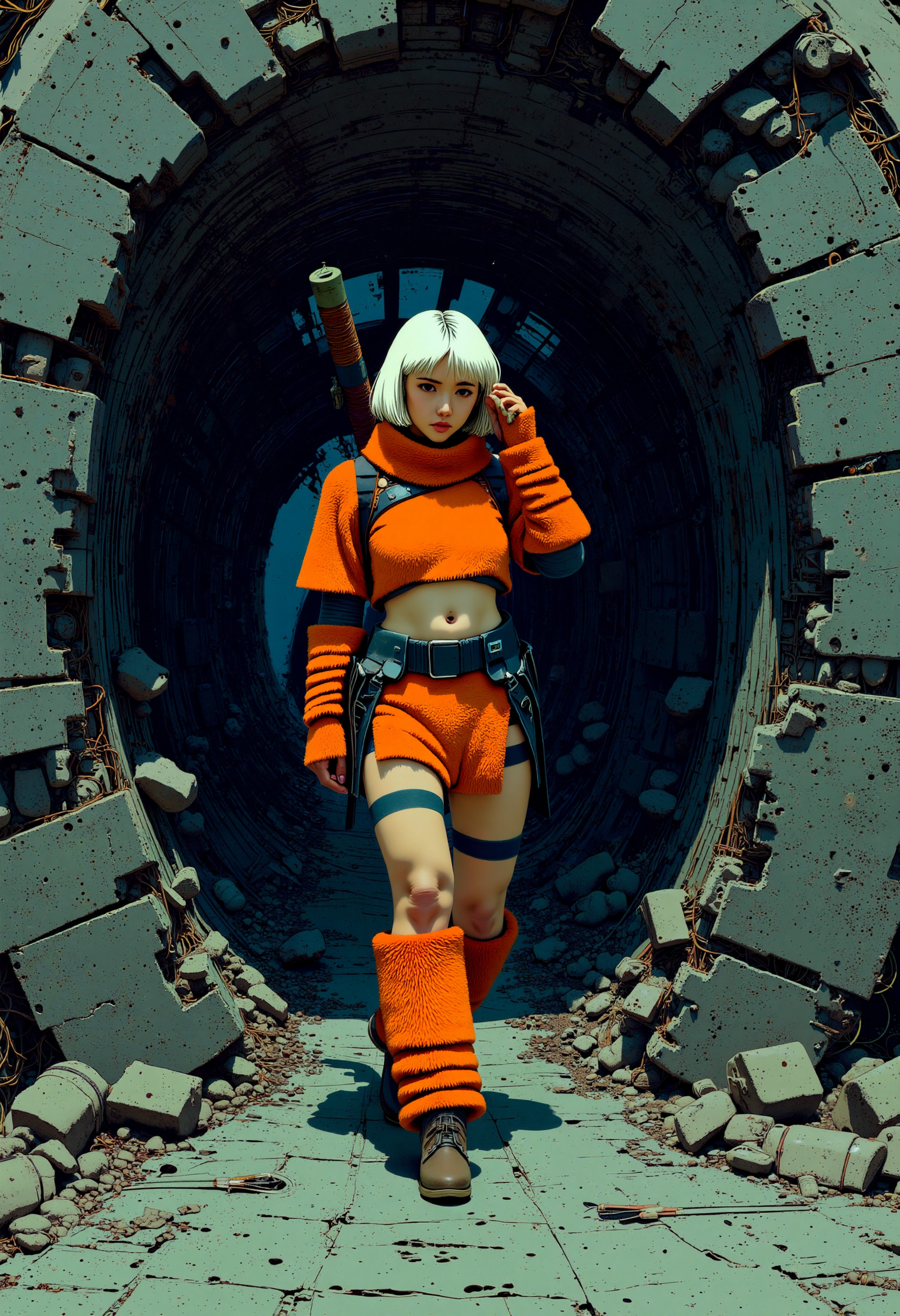 Depiction of sh4r0na, a hunter-style character with short white hair, vibrant orange fur skin blouse with black accents and exposed torso, and matching fur skin wrapped oversized boots and gloves. She is posed cautiously, half-crouched and listening intently, one hand raised near her ear, the other gripping her sword loosely by her side. She is positioned within the skeletal remains of a crashed, ancient starship, its metallic hull twisted and torn, with wires and conduits spilling like metallic vines. The background shows the dim, cavernous interior of the wreckage, with faint light filtering through cracks in the hull. Employ atmospheric perspective within the wreckage to suggest depth. The lighting is dim and moody, primarily motivated by faint, cool ambient light from outside and perhaps a few flickering emergency lights within the ship, creating pockets of illumination and deep shadow (chiaroscuro). The color palette should be predominantly cool and desaturated (metallic grays, deep blues, rusted browns), with her orange attire and any small, active light sources providing contrasting warm accents. Focus on the texture of corroded metal and gritty surfaces. The mood is tense, exploratory, and slightly eerie. Watercolor style graphic novel illustration, detailed ink linework.