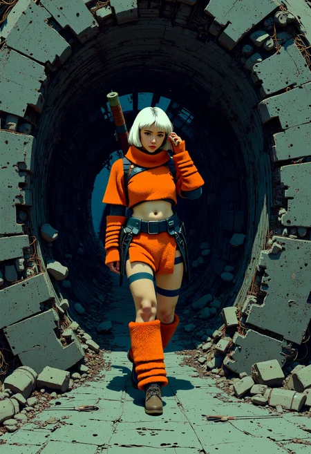 Depiction of sh4r0na, a hunter-style character with short white hair, vibrant orange fur skin blouse with black accents and exposed torso, and matching fur skin wrapped oversized boots and gloves. She is posed cautiously, half-crouched and listening intently, one hand raised near her ear, the other gripping her sword loosely by her side. She is positioned within the skeletal remains of a crashed, ancient starship, its metallic hull twisted and torn, with wires and conduits spilling like metallic vines. The background shows the dim, cavernous interior of the wreckage, with faint light filtering through cracks in the hull. Employ atmospheric perspective within the wreckage to suggest depth. The lighting is dim and moody, primarily motivated by faint, cool ambient light from outside and perhaps a few flickering emergency lights within the ship, creating pockets of illumination and deep shadow (chiaroscuro). The color palette should be predominantly cool and desaturated (metallic grays, deep blues, rusted browns), with her orange attire and any small, active light sources providing contrasting warm accents. Focus on the texture of corroded metal and gritty surfaces. The mood is tense, exploratory, and slightly eerie. Watercolor style graphic novel illustration, detailed ink linework.