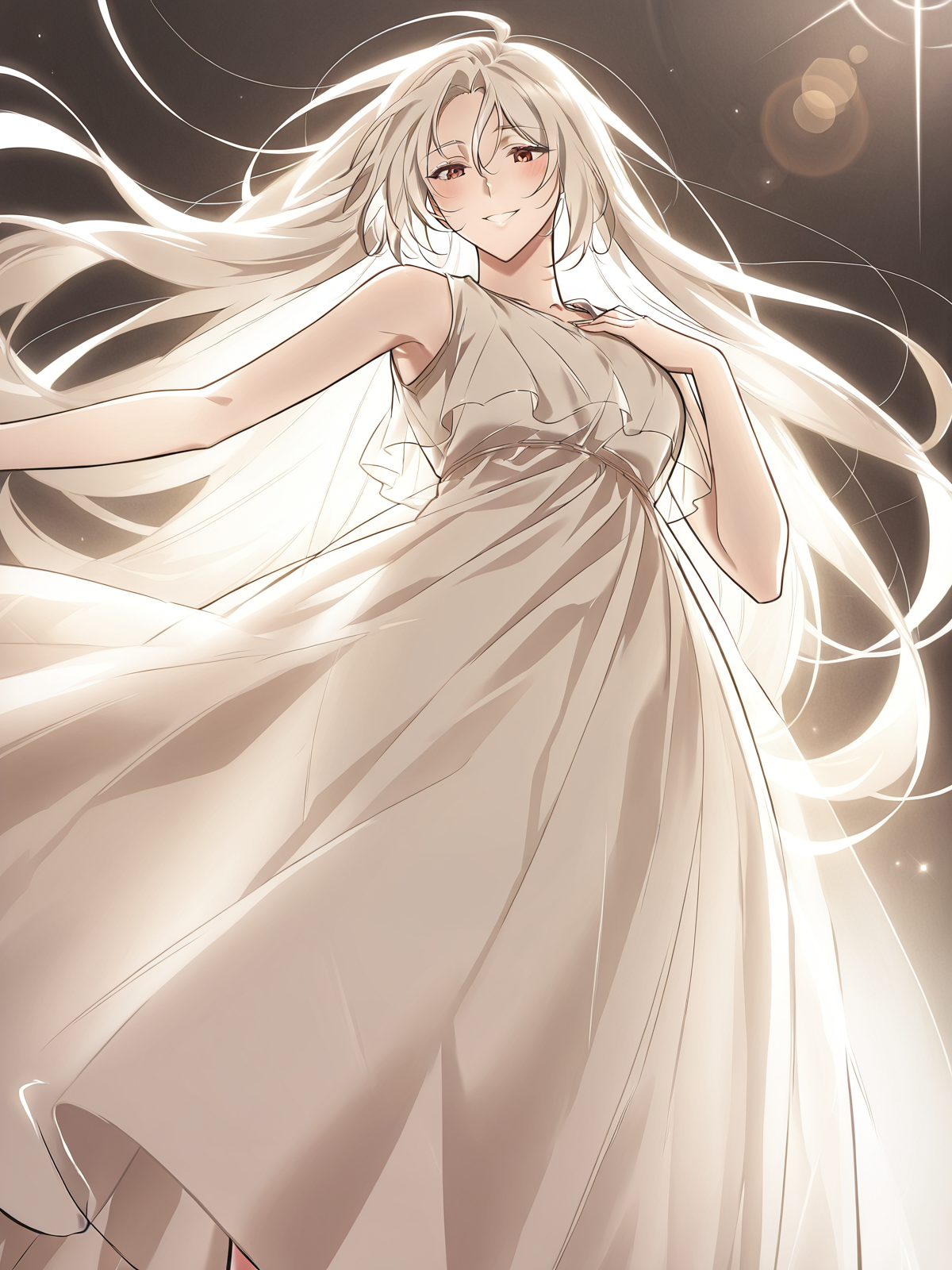 <lora:Omniscient_Readers_Viewpoint__Shin_Yoosung_adult:1>
1girl, solo, very long hair, white hair, straight hair, parted bangs, hair between eyes, red brown eyes,
white dress, flowing dress, layered dress, sleeveless dress, ankle length dress, soft fabric, ethereal look,
score_9, score_8_up, score_7_up, very aesthetic, source_anime, detailed, high quality, beautiful, detailed eyes, masterpiece, best quality, absurdres, perfect anatomy, dynamic low-angle shot, looking down while smiling brightly, wind blowing through hair, one hand near chest, flushed cheeks, dramatic lighting from behind, glowing rimlight, cinematic lens flare, soft pinkish background, ethereal atmosphere, anime style
