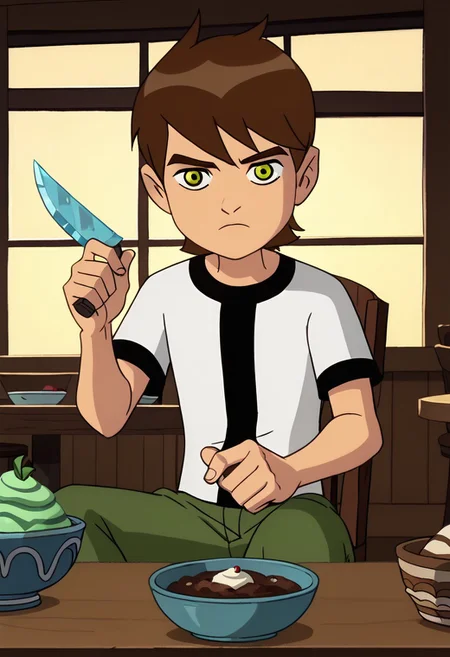 score_9, score_8_up, score_7_up, score_6_up, source_anime, anime screencap, masterpiece, best quality, Ben10, 1boy, brown hair, solo, short hair, green eyes, white shirt, short sleeves, green pants, frown, closed mouth, indoors, ice cream parlor, sitting, round table, bowl of green crabs, holding knife, hand up, chair, handfixer, parody